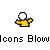 Pixelated icon of a figure with white spherical head and yellow torso extending right arm, set against solid gray background with "Icons Blow" text below.