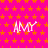 A static image with a bright pink background covered in orange stars, featuring repeated white text "AMY" in a stylized font.