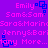 Pixelated text and blue square icons on a purple background, with repeated names and a 'More...' line in pink and blue pixelated fonts.