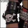 A pixelated static image shows a person wearing a black helmet with silver studs, a black sleeveless top with a white skull and crossbones, and a patterned jacket with red accents.