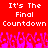 Red background with white pixelated text reading "It's The Final Countdown" repeated twice, pink and purple pixelated shapes below.