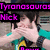Pixelated image of a person with dark hair covering their mouth with both hands, wearing a teal and yellow shirt, with pink text reading "Tyrannosaurus Nick" in the top-left corner.