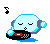 Pixelated character with closed eyes and headphones holds a black device with red accents, positioned above blue water-like shapes on gray background.