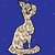 Pixelated cat with spotted fur sits on blue background with white dots, tail curled, head turned right, eyes closed, mouth open in a smile.