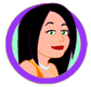 Animated cartoon avatar with black shoulder-length hair, green eyes, red lips, and a light blue necklace in an orange top, cycling through six distinct facial expressions within circular purple border.