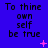 Blue background with repeated text "To thine own self be true" in black pixelated font, animated pink plus and star symbols appear and disappear across the