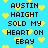 Pixelated text on a bright blue background with scattered yellow hearts, repeating 'AUSTIN HAIGHT SOLD MY HEART ON EBAY' in dark brown block letters.