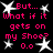 Black background with pink pixelated text and white star shapes in a , showing repeated phrases about shoe contact