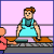 Animated sequence of a woman in blue dress and child in red shirt interacting at a table with pink background.