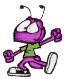 Purple cartoon character with antennae, green shirt, purple pants, and white sneakers in four sequential poses showing walking motion.