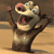 Pixelated cartoon character with wide open mouth, raised arms, and large eyes on a brown and beige background.