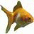 A pixelated goldfish swims left to right against a white background, with text 'Moo!!' on blue and multicolored text below.