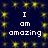 Dark blue background with yellow starbursts; white text "I am amazing" repeated in two vertical