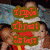 A pixelated image of three children in a group, with overlaid text labels in various colors and styles.
