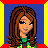 Pixel art contact sheet showing three frames of an animated icon featuring a cartoon woman with brown hair, green top, black shorts, and wristbands against blue background with yellow vertical bars.