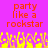 Pixelated text 'party like a rockstar' in red on bright pink background with yellow and orange pixelated crowd at bottom.