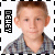 six identical pixelated images of a boy with light brown hair wearing a blue and white checkered shirt, each bordered by black and white dashed lines with vertical text