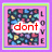 Six square icons with pink borders display changing text over a colorful floral background, framed by purple and green outlines.