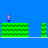 Pixelated game scene with blue background, green platforms, and small character figures in various positions including falling and standing.