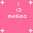 Pixelated pink background with white text and symbols, featuring repeated 'mellisa' labels beneath '<3' icons surrounded by plus signs.