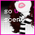 Pixelated image of a person with long brown hair, white top, and pink lips, framed by bright pink border with "50L" and "scene" text.