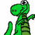 Green pixelated dinosaur with single eye and striped body holds large green sphere displaying 'RAW' text.