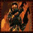 Pixelated icon of a bearded man in dark clothing holding a large weapon against an orange-brown background.