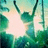 Pixelated green and blue abstract composition with central light pink area, vertical dark lines on left and right edges.