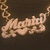 A stylized nameplate icon with cursive text on a chain, displayed in three showing different background colors