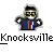 Pixelated character with dark hair, yellow sunglasses, and a blue jacket with red/white vertical stripe stands against gray background; text below reads 'Knocksville' in white.