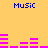 Yellow background with blue 'Music' text and pink audio equalizer bars in four quadrants, each bar configuration distinct.