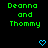 Green pixelated text reads "Deanna and Thommy" on black background with two blue heart icons below.