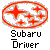 Red and orange pixelated starburst pattern inside an oval border above black-and-white pixelated text reading 'Subaru Driver' on gray background.