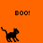 Pixelated black cat walks across orange background with "BOO!" text above; one frame shows partial gray area at bottom right.