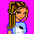 Pixel art contact sheet showing a cartoon girl in blue pajamas with white cat faces on pink background, including full-body and partial views across multiple frames.