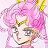Pixelated image of a character with pink hair and yellow accessories, wearing a white top against a light background.