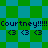 Pixelated icon with repeating text and symbols on a green-blue checkered background, alternating between square and diamond patterns.