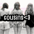 Six figures in grayscale with long hair stand side-by-side, overlaid by a black banner reading 'COUSINS<3' in pixelated text.