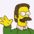 Pixelated cartoon character with yellow skin, brown hair, and mustache wearing green shirt with white collar, waving hand visible on left side of frame.