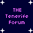 Dark blue background with white star shapes scattered ; four identical text blocks in purple pixelated font reading "THE Tenerife Forum" arranged in a