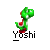 Animated contact sheet of a green cartoon dinosaur character in various running poses with red accents, displayed on a gray background with repeated "Yoshi" text labels beneath each frame.