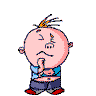 A cartoon character with a round pink face, spiky orange hair, blue shirt, dark shorts, and red shoes appears in nine distinct poses showing varied facial expressions and hand positions.