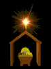 Animated scene of a manger with a glowing star above, showing subtle changes in the star's radiance and position across frames.