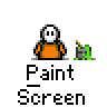A 4x4 contact sheet of a pixel art animation showing a character painting over green foliage with the text "Paint Screen" beneath each frame.