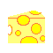 Yellow cheese slice with orange rind and holes, gray mouse head appears above it then moves to the right side of the cheese.
