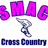 Four- with text and symbols: top-left 'SMAC Cross Country' with running shoe, top-right pink background text, bottom-left light blue background text, bottom-right SMAC logo