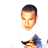 Pixelated static image of a person's head and upper torso with dark hair, orange skin tones, and blue-and-black clothing against white background.