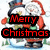 Pixelated Santa Claus figure with red hat and coat, green shirt, black boots, holding a snowman, standing on blue ground with green trees, text overlays in red on black.