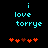 Pixelated cyan text 'i love torrye' on black background with red heart symbols below, two states showing heart animation.