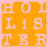 Pixelated orange square with pink border containing nine light pink characters arranged in three rows: top row H O I, middle L 1 8, bottom T E R.